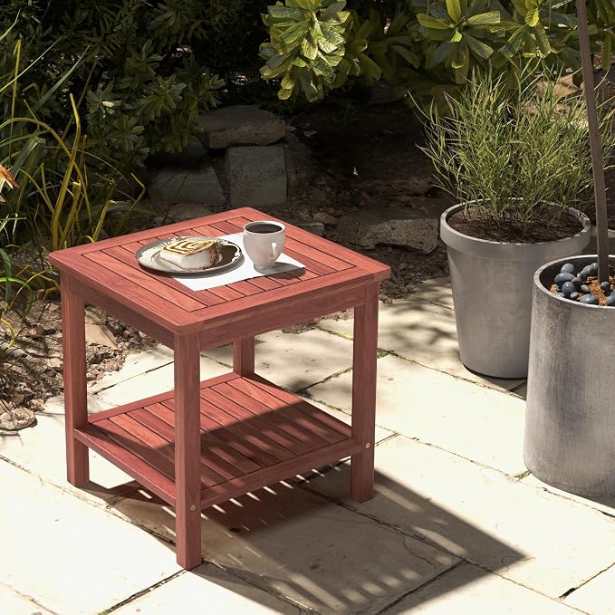 Tangkula Patio Side Table, Double-Tier Acacia Wood End Table, Slatted Tabletop & Shelf, Outdoor Small Side Table with Storage, Compact Wood Table for Backyard, Balcony (1, Natural)