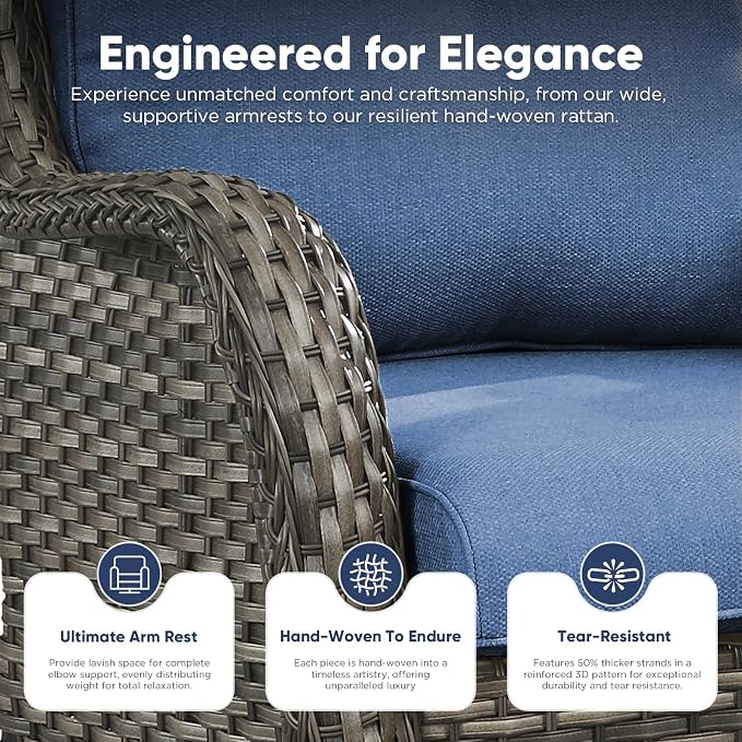 Belord Outdoor Swivel Chairs Set of 2,Patio Wicker Rocker Chairs with Ottomans, All Weather Patio Conversation Furniture Set, Ideal for Porch Balcony Deck Yard, Gray Wicker/Blue