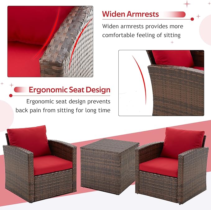 AECOJOY 7 PCS Patio Furniture Set with Two Storage Boxes&Patio Set Cover, Outdoor Rattan Conversation Set, PE Wicker Sectional Sofa Outdoor Furniture, Brown Rattan&Red Cushions