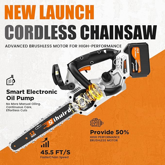 Sihuird 12-Inch Cordless ChainSaw, Brushless Motor Electric Chainsaw with 2 x 21V 6.0Ah Battery and Charger, with LED lighting and Tool-free Chain Tension & Auto Lubrication for Tree, Wood Cutting