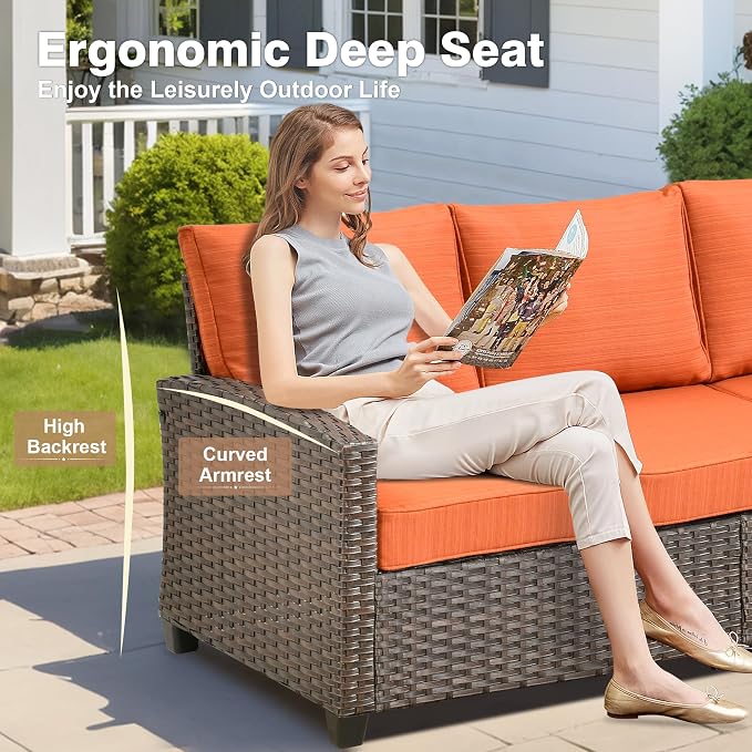 ovios 8 Pieces Patio Furniture Set, Outdoor Wicker Sofa Couch with 54" Fire Pit Table Comfy Cushions, All Weather Brown Rattan Conversation Set for Backyard Deck, Orange Red