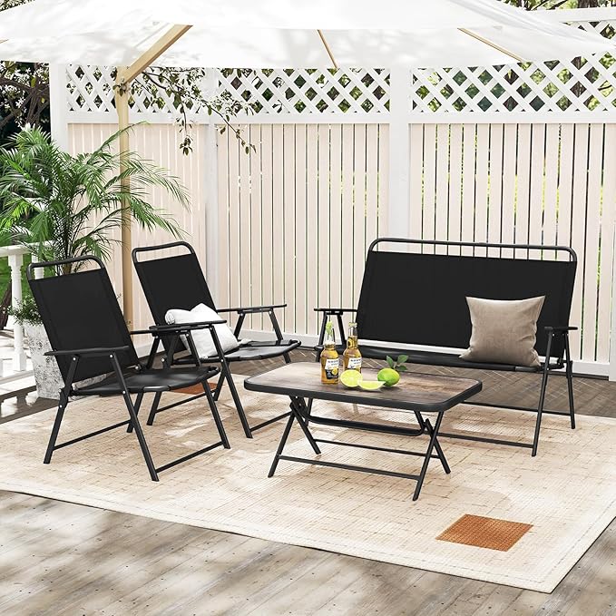 Tangkula 4 Piece Folding Patio Furniture Set, Metal Chair & Table Set with Breathable Fabric Seat, Outdoor Sectional Conversation Set with 2 Patio Chairs, Loveseat, Coffee Table for Yard Porch Deck