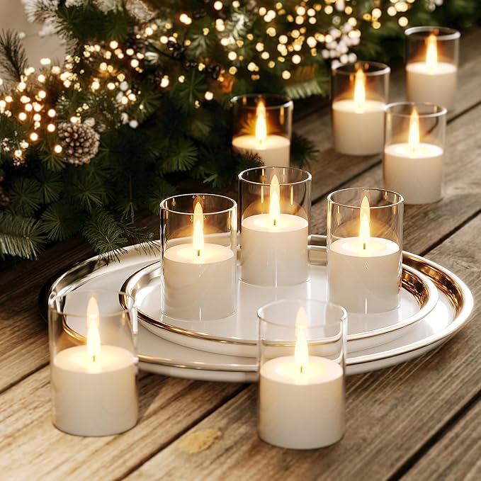 VIODAIM 6Pack Flickering Flameless LED Candles with Timer, Battery Powered - Small Pillar & Votive, Clear (2"X3")