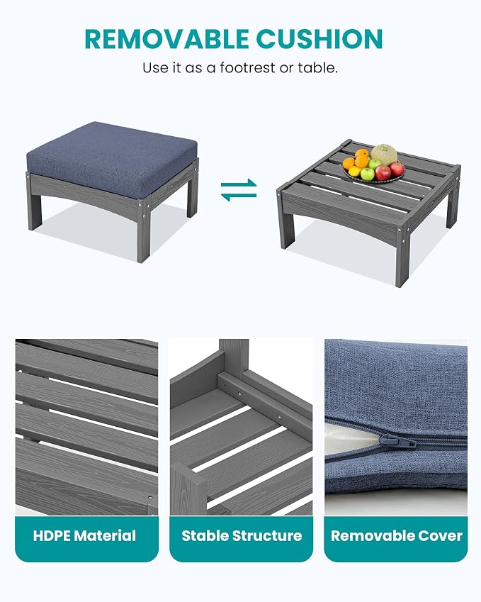 SERWALL 7-Piece Patio Sofa Set, Outdoor Furniture Set, All-Weather HDPE Outdoor Sectional Conversation Set with Cushions and Coffee Table, Large Modular Sofas for Garden, Grey Frame with Grey Cushion