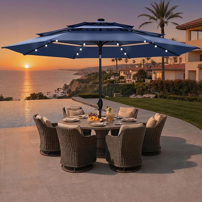 Sophia & William 10ft Patio Umbrellas 3-Tier Umbrella Outdoor Patio Umbrellas with Lights Vented Top 24 LED lights Adjustable Tilt for Pool Garden Backyard, Navy