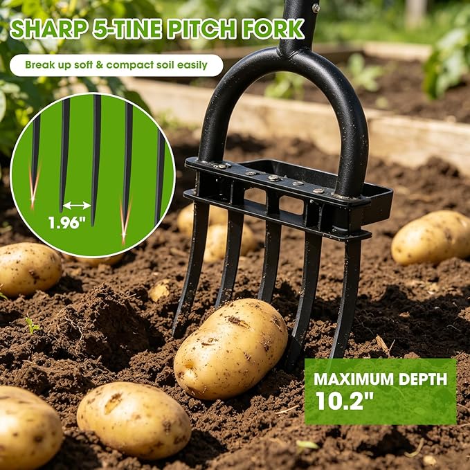 Broad Fork Garden Tool, 55" Heavy Duty 4 Sharp Tines BroadFork Hand Tiller Garden Pitchfork with Ergonomic Handles for Spading Digging Fork Gardening Cultivating Composting and Loosening