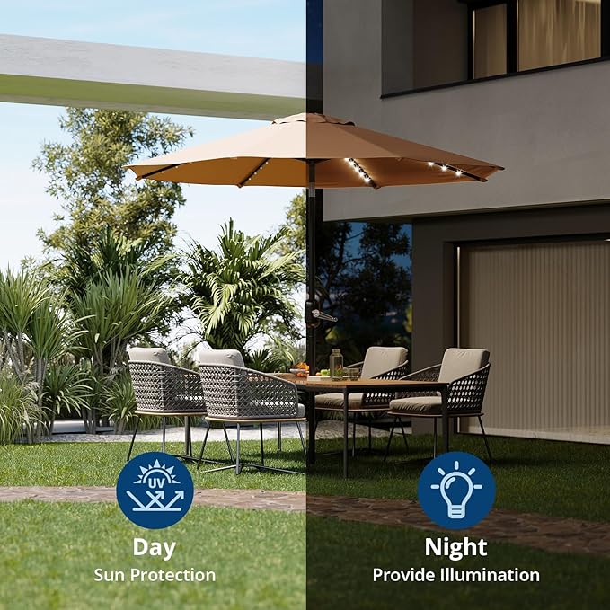 10FT Patio Umbrella with Solar Lights, Outdoor Table Umbrella with Tilt & Crank, 8 Ribs Waterproof UV Protected for Pool, Deck, Backyard, Tan