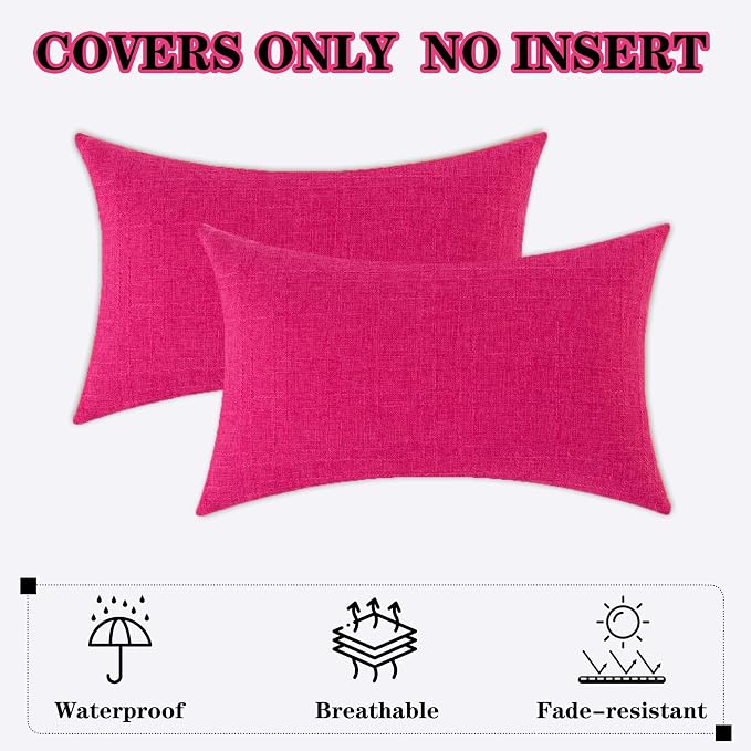 Kevin Textile Outdoor Waterproof 12”x20” Pillow Covers 2 Pack, Hot Pink | Water Resistant, Soft Faux Linen-cotton Yarn-dyed Woven Texture Throw Pillow Covers for Tent Patio Garden Couch Sofa