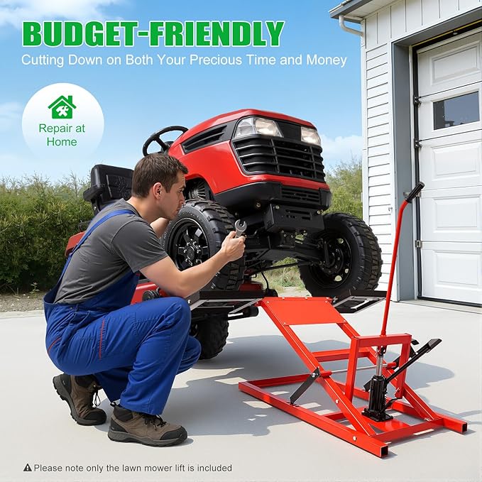 Lawn Mower Lift, Hydraulic Cylinder Lift Jack, 500lbs Capacity, 23-48in Adjustable Wheel Span Distance, 17.5-24in Lift Height, for Garden Tractors, Lawn Mowers, All-Terrain Vehicles, Red+ Black