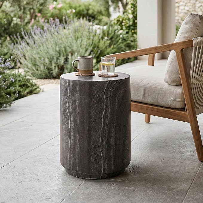 24/7 Shop at Home Ranera Modern 14-inch Natural Stone Side Table with Round Drum Base, Marble Nightstand, Patio End Table, for Living Room, Covered Outdoor Spaces, Balcony, Warm Gray Travertine