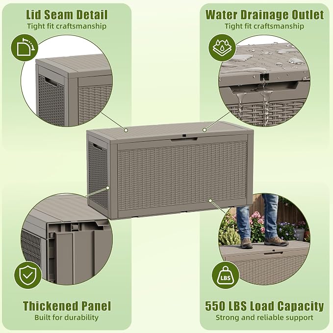 Vixzen 120 Gallon Deck Boxes Outdoor Waterproof, Large Resin Lockable Storage Box with lid for Patio Furniture Cushions, Weatherproof Outdoor Storage Boxes for Garden Tools & Pool Accessories(Grey)