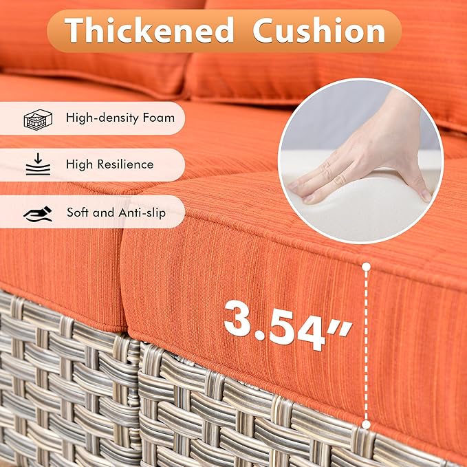 8 PCS Outdoor Patio Furniture Sets ,Patio Conversation Sets Outside Rattan Soft Cushion Sofa with 2 Wicker Rocking Chairs Soft Cushion Fit Backyard Porch Garden Poolside Balcony，Coarse Stripes Red