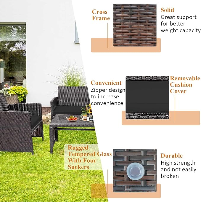 HAPPYGRILL 4 Pieces Rattan Conversation Set Outdoor Wicker Furniture Set with Tempered Glass Coffee Table, Soft Cushions, Weather-Resistant Rattan Chair Set for Garden Backyard Poolside (Black)