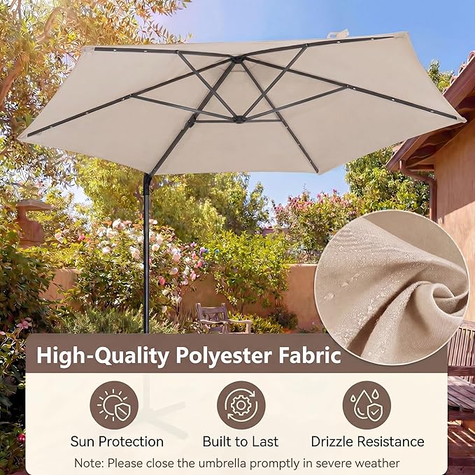 HAPPYGRILL 10 FT Patio Umbrella with Solar Lights, Outdoor Offset Cantilever Umbrella with White LED Lights, 360 Degree Rotation, Air Vent for Pool Deck Garden Backyard