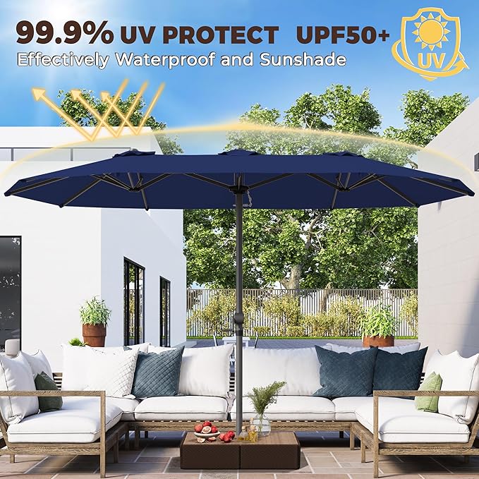 GDPFN 15FT Large Patio Umbrella, Outdoor Deck Standing Umbrella with Crank Handle, Double-Side Rectangular Pool Umbrella for Outside, Market, Patio, Navy Blue (Base Not Include)