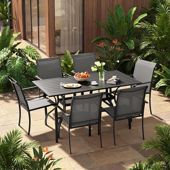 7-Piece Patio Dining Set,6 Person Outdoor Table and Chairs Set, 6 Metal Dining Chairs and Rectangular Outdoor Table with 1.57" Umbrella Hole,Grey