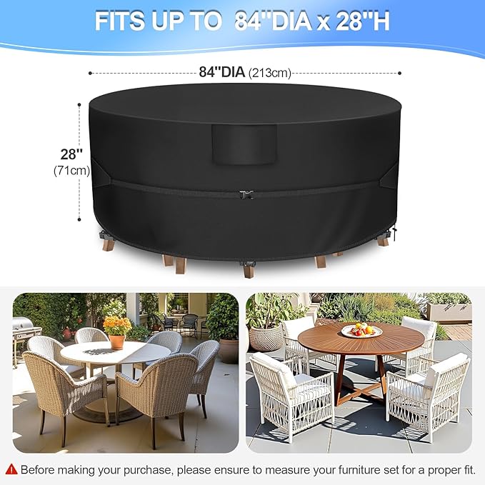 Round Patio Furniture Set Cover, Patio Table Cover Waterproof, Heavy Duty Outdoor Table and Chair Set Cover,Outdoor Furniture Covers for Patio Furniture, 84"Dia x 28"H, Black
