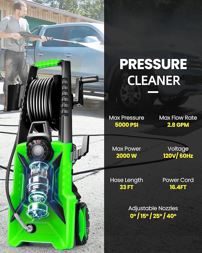 5000PSI Pressure Washer High Power Washer with 33ft Pressure Hose, 4 Nozzle and 500ml Soap Bottle for Cars/Fences/Driveways/Patios/Home Cleaning (Light Green)