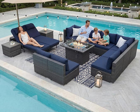 NICESOUL 13 Piece Outdoor Sectional w/Fire Pit Table, Luxury Modular Patio Furniture Set w/Chaise Lounge, Plus 29.3'' High-Back Seating Sofa, All-Weather Deck Couch for Poolside, Yard, Grey & Blue