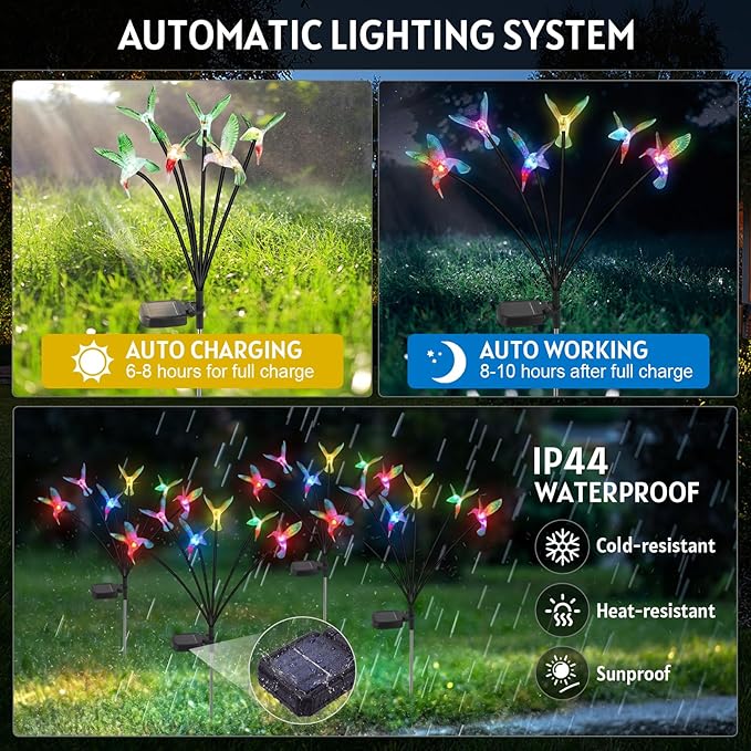 4 Pack Solar Hummingbird Lights Outdoor Garden, 6 Head Solar Swaying Pathway Stake Lights Waterproof for Yard Lawn Patio Walkway Landscape Decor