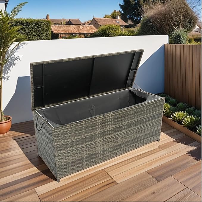 Outdoor Storage Box, 113 Gallon Wicker Patio Deck Boxes with Lid, Outdoor Cushion Storage forToys, Pillows, Towel Grey Wicker