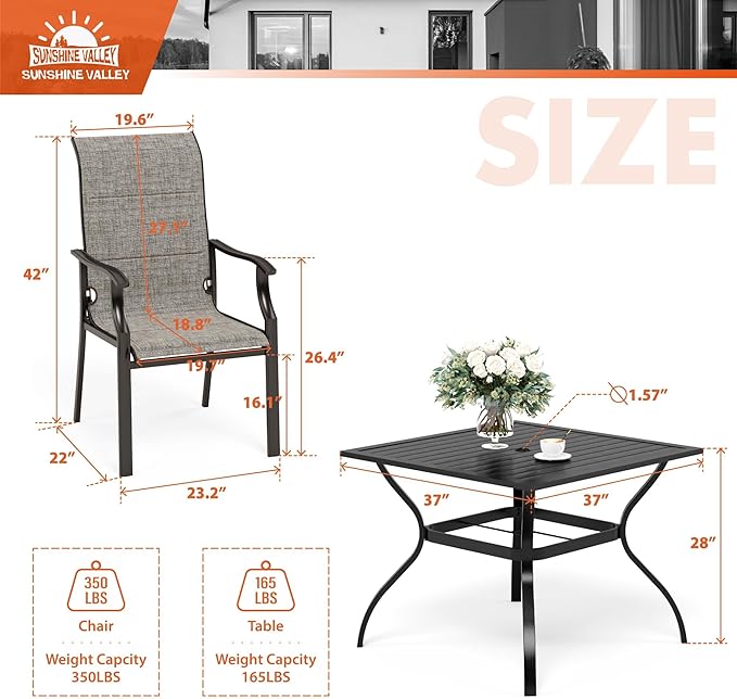 SUNSHINE VALLEY 5 Piece Patio Dining Set for 4, Outdoor Table and Chairs Set with Square Patio Dining Table(1.57" Hole) & 4 Textilene Patio Dining Chairs, Outdoor Dining Table Set for Deck Backyard