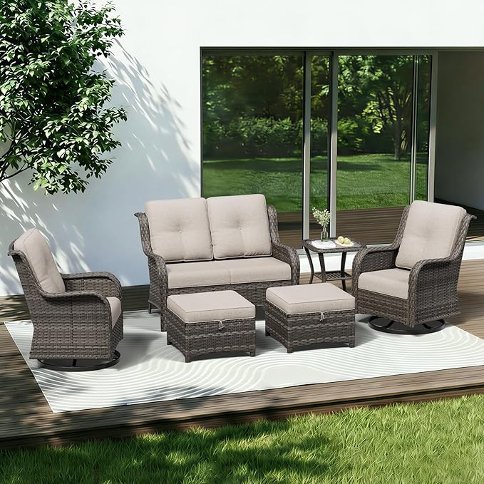 6 Piece Outdoor Wicker Patio Furniture Set, Outdoor Swivel Rocker Patio Chairs Set with Thickened Olefin Cushions, High Back and Deep Seating, Hand-Woven PE Rattan for Porch, Deck