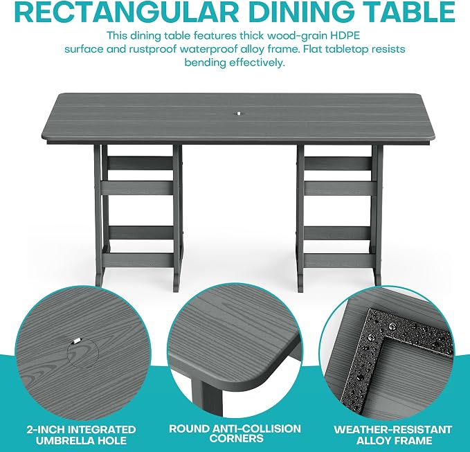 7-Piece Dining Set, HDPE Table & 6 Chairs, Grey | HDPE Dining Set: 69.1" Table + 6 Chairs, 380 lbs, 304 Stainless, All-Weather, No Rust No Crack, Outdoor Patio Garden