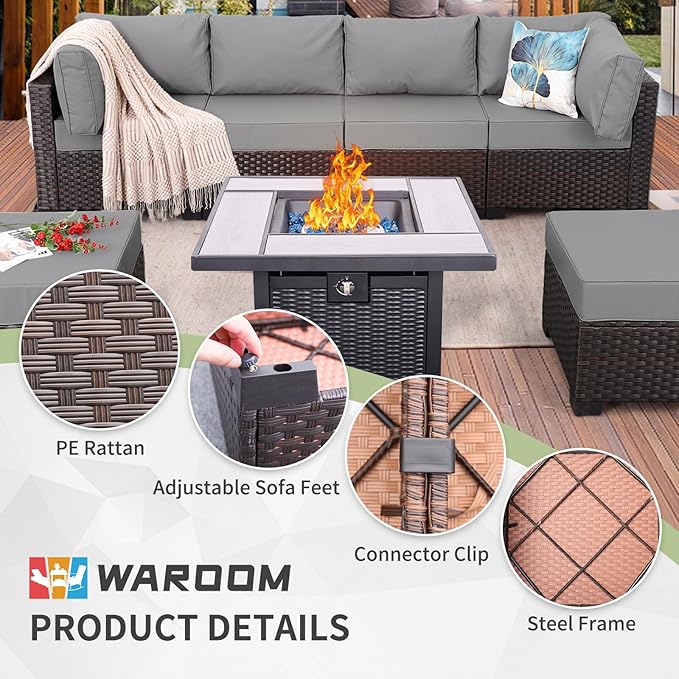 WAROOM Outdoor Patio Furniture Set 7 Pieces Wicker Sectional Sofa Brown Rattan Conversation Couch with Square Gas Fire Pit Table, Anti-Slip Thick Grey Cushion