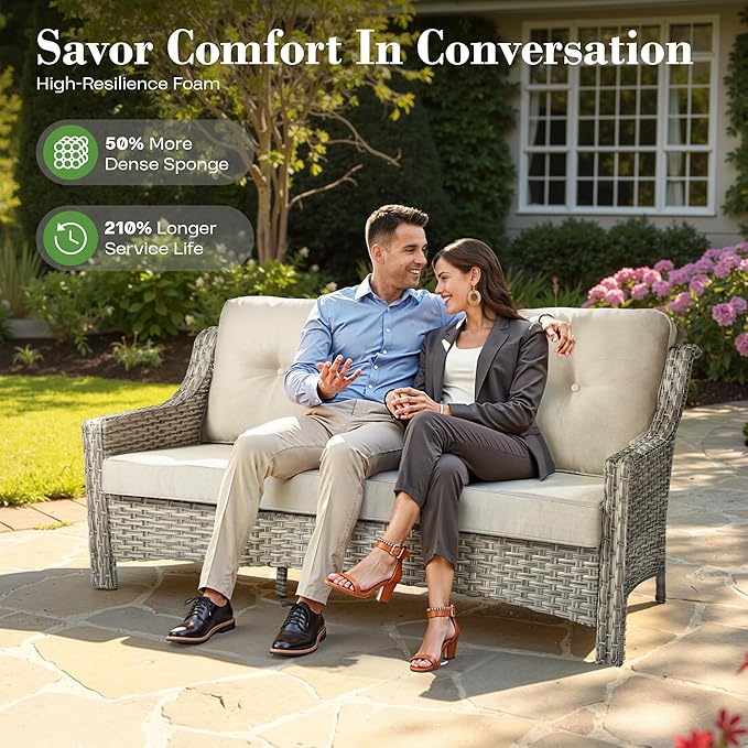 ovios 5 Piece Outdoor Patio Furniture with 3 Seat Sofa,Rattan Wicker Coversation Set with Swivel Rocking Chair,Balcony Sofa Set with Shiny Table for Outside Porch Backyard Pool, Beige