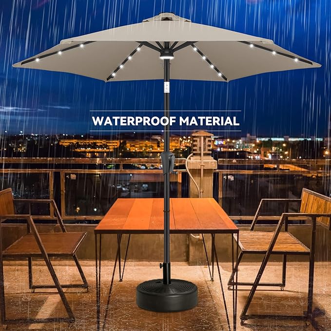 7.5FT Solar Umbrella Outdoor - Lighted Solar Patio Umbrella with 24 LED Lights Waterproof UV Protection, Table Umbrella with Tilt for Pool, Porch, Garden, Deck, Backyard (Taupe)