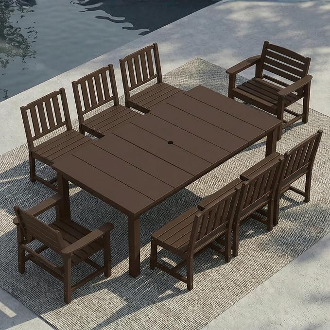9-Piece Outdoor Dining Set for 8, 75.2" HDPE Table with Umbrella Hole & 8 Chairs, All-Weather Patio Furniture for Lawn, Yard, Deck, or Poolside, Fade & Crack Resistant (Brown)