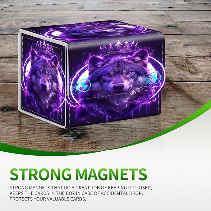Card Deck Box for MTG, Cards Storage Box Fits 120+ Sleeved, Leather Small Size Strong Magnetic Closing Card Case for Board Games Magic TCG CCG Baseball Collection, Cool Wolf Purple