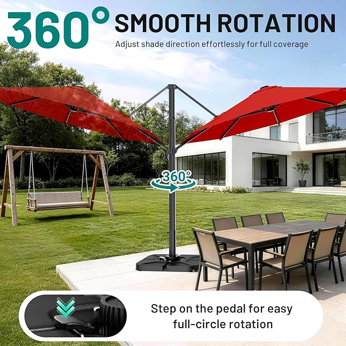 AreShark 10FT Cantilever Patio Umbrella, 360-Degree Rotation Round Hanging Offset Umbrella with Crank, Heavy Duty Patio Umbrella for Patio, Pool, Garden, Deck, Red