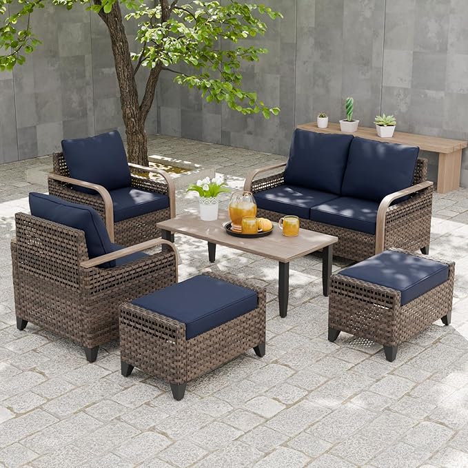 EAGLE PEAK Modern Wicker Outdoor Patio Furniture Set, Patio Conversation Set, 2 Chairs, 2-Seat Loveseat, 2 Ottomans and Coffee Table, 6 Pieces, Brown/Blue
