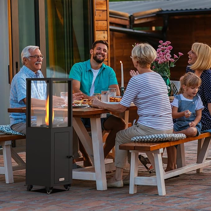 Wood Pellets Patio Heater with Wheels and Ash Box, Safe and Adjustable Outdoor Heaters for Patio. Outdoor Fire Pit for Garden Bonfire Party, Backyard and Beach. Black