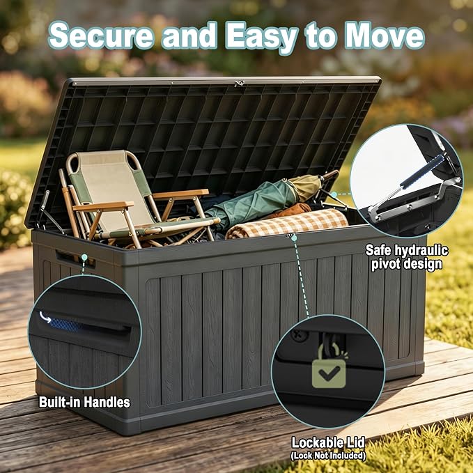 MOCUTEEN 260 Gallon Deck Box, Large Storage Bins with Lids for Furniture, Patio Cushion, Toy Storage, Lockable and Waterproof Storage Container With Support Rod, Black