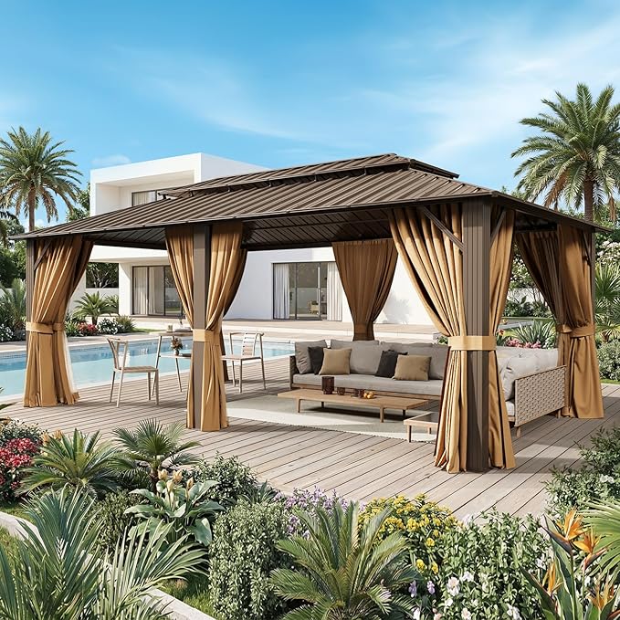 12x20FT Hardtop Gazebo with 72FT Solar String Lights, Metal Frame with Double Galvanized Steel Roof, Permanent Outdoor Pergola for Backyard, Patio, Lawn and Garden, Brown
