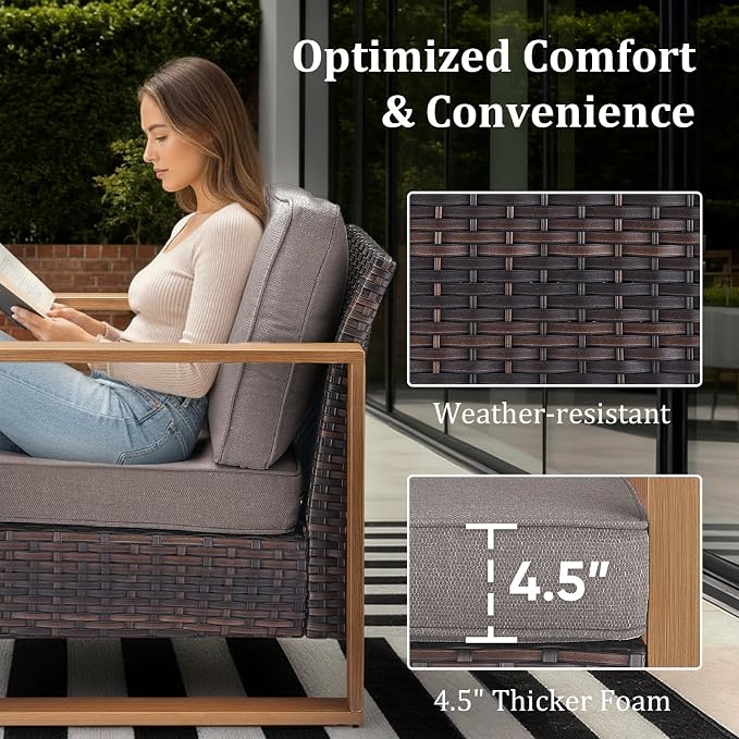 3 Pieces Patio Sofa Set with Metal Arm, High Back Wicker Sectional Outdoor Sofa with Ottomans, Outdoor Seating Furniture High Back Conversation Set for Balcony Deck Porch Backyard, Grey