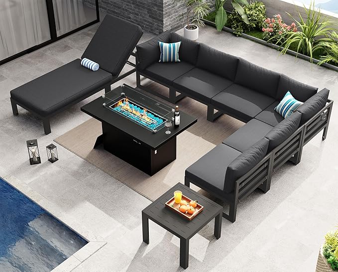 NICESOUL 9 Piece Luxury Aluminum Outdoor Sectional Sofa with Chaise Lounge & Firepit, Large Modular Patio Furniture Set, 29" Deep Wide Seating, 500 lbs Heavy Duty Conversation Set for Deck, Dark Gray