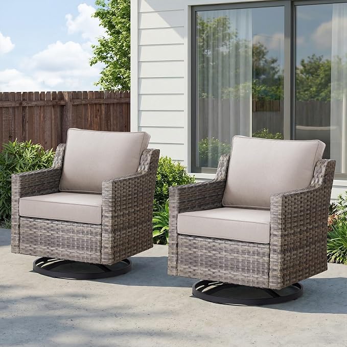 Belord Patio Wicker Swivel Rocker Patio Chairs, Outdoor Rattan Chairs for Deck Porch Garden, 2 Piece Luxury Patio Furniture Set, Beige