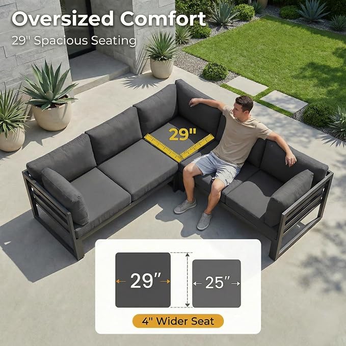 RADIATA 8 Pcs L Shaped Contemporary Aluminum Outdoor Furniture Set, 29" Deep Wide Couch Set for 500 lbs High Weight Capacity, Large Modular Patio Sectional Sofa with Coffee Table for Garden, Dark Grey
