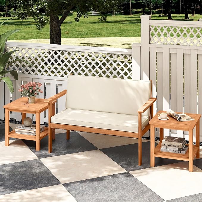 Tangkula Outdoor Side Table, 2-Tier Acacia Wood Square End Table with Slatted Tabletop & Storage Shelf, Indoor Outdoor Wooden Accent Bistro Patio Table for Backyard, Poolside, Garden, Natural (1)