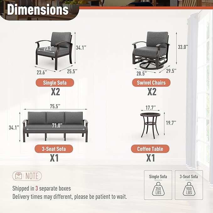 Kurapika Aluminum Patio Furniture Set Modern Outdoor Conversation Sets w/Swivel Rocking Chairs 7 Seats w/Swivel Chairs Black