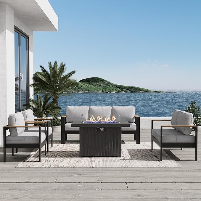 Aluminum Outdoor Patio Furniture Sets, 5 Piece Metal Patio Conversation Sets with Fire Pit with 5 Inch Cushion for Garden Backyard Deck