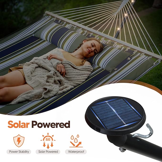 SUNCREAT Double Hammock with 12 ft Stand, Solar Powered Lights, Outdoor Standing 2 Person Hammock, Dark Green