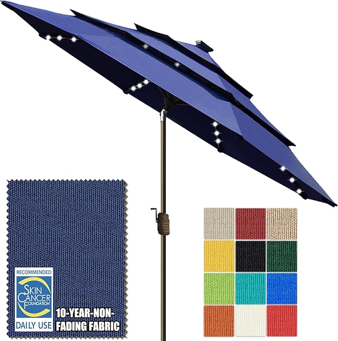 EliteShade USA 10-Year-Non-Fading 10ft 3-Tier Market Patio Umbrella, Commercial Table Umbrella with 80 Solar LED Lights, Crank Open, Windproof & UPF 50+ UV Protection for Garden, Deck, Pool, Backyard, Navy Blue