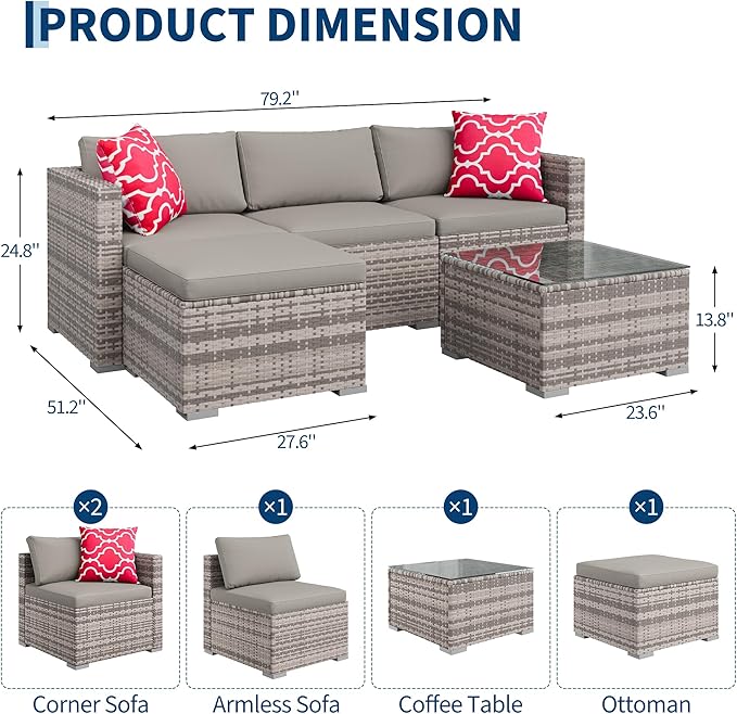 5-Piece Outdoor Sectional Sofa Set, All-Weather PE Rattan Patio Furniture with Ottoman & Tempered Glass Table, Convertible Garden Couch for Backyard, Porch, Poolside (Gray/Light Gray)