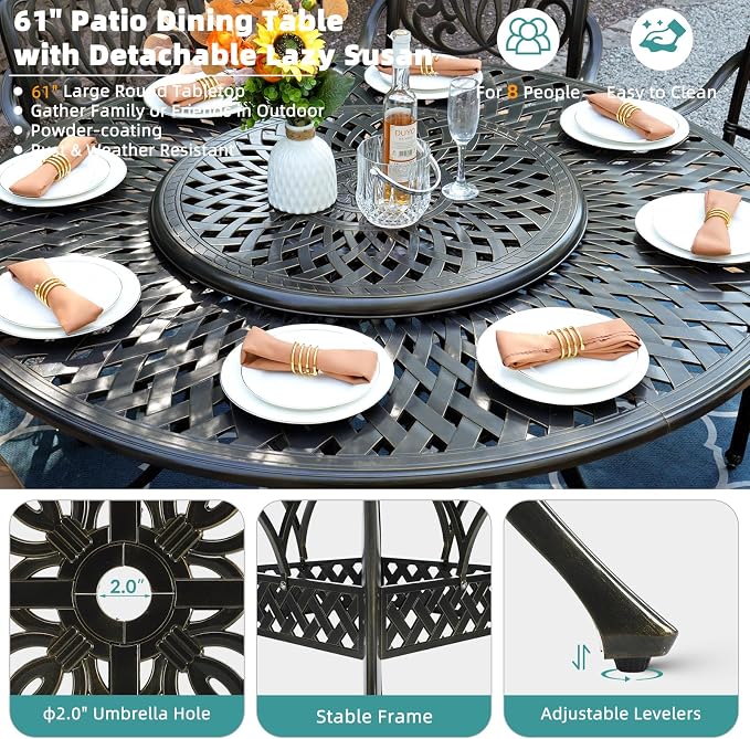 MEETWARM 9-Piece Outdoor Furniture Dining Set, All Weather Cast Aluminum Patio Garden Set- 8 Cushioned Chairs, 61" Round Patio Dining Table with Detachable Lazy Susan, 2" Umbrella Hole, Chili Red