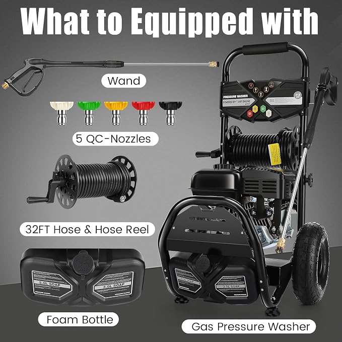 Professional 4200PSI 4GPM 212CC Gas Pressure Washer, 33FT Hose 3L Foam Bottle 10" Wheels 7HP Commercial Gas Power Washer with 5 Nozzles for Home Car Fence Driveway Yard (EPA/CARB/ETL Compliant) Black